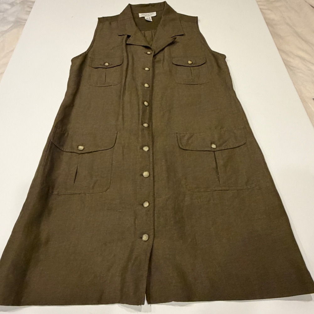 Innovation Sport Linen Blend Sleeveless Button Front Utility Dress Brown Sz 18